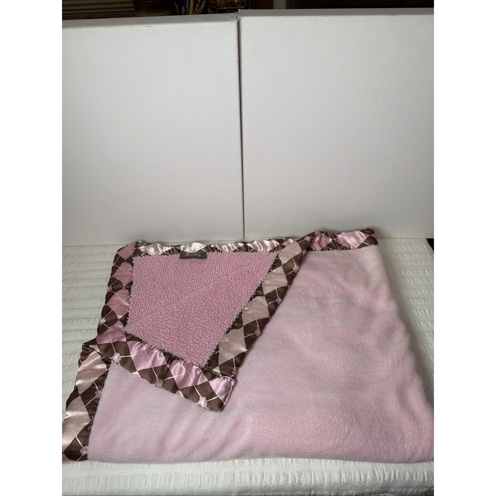 Silver One Baby Blanket Pink Sherpa Mink Satin Floral Trim Brown Pink
